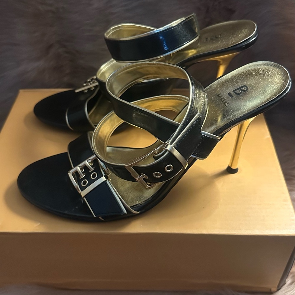 Bakers Black and Gold Strappy Stiletto Heels